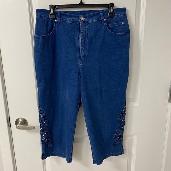 Women's Variation Capris Denim Pants. Blue. Large. Decorated Cutouts Each Side. - Picture 1 of 10